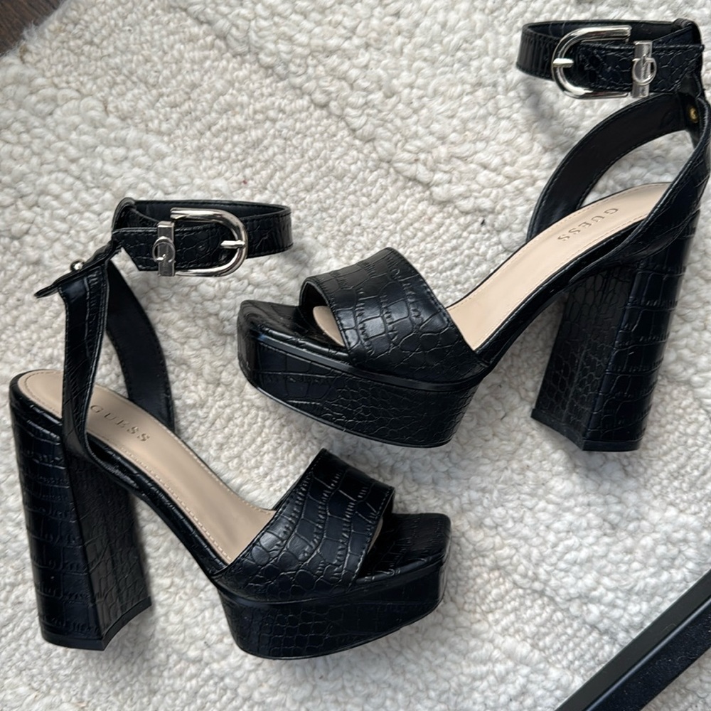 G by Guess Black Croc-Embossed Platform Sandals